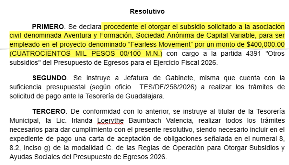 Resolutivo del Comité aprobando $400,000 al Fearless Congress